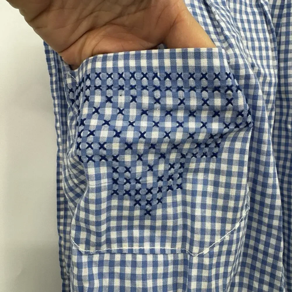 Vintage Waist Apron Needlepoint Embroidery Blue and White Gingham Tie Waist